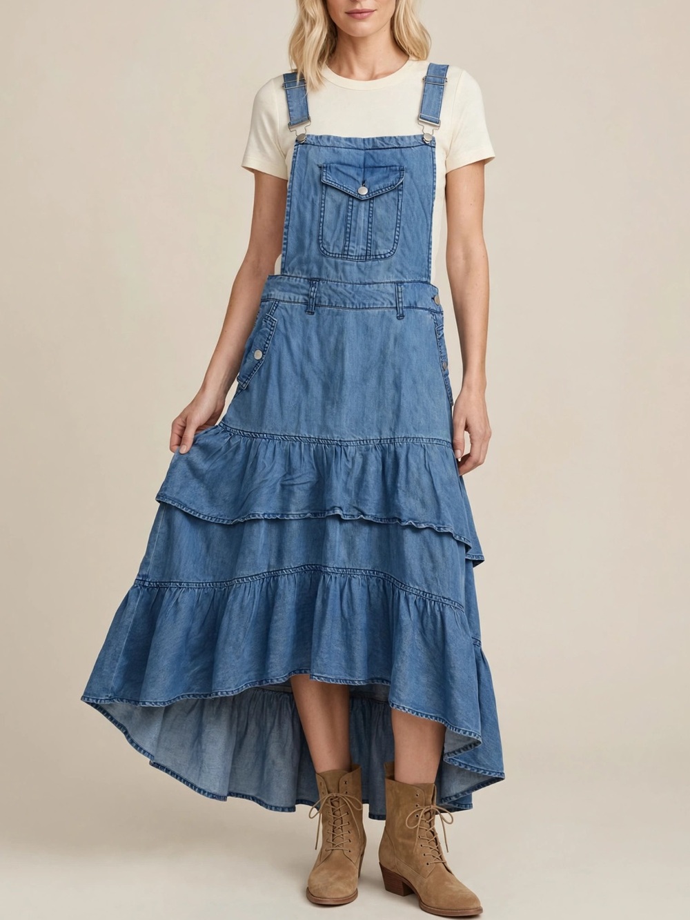 Denim Blue High-Low Pinafore Dress